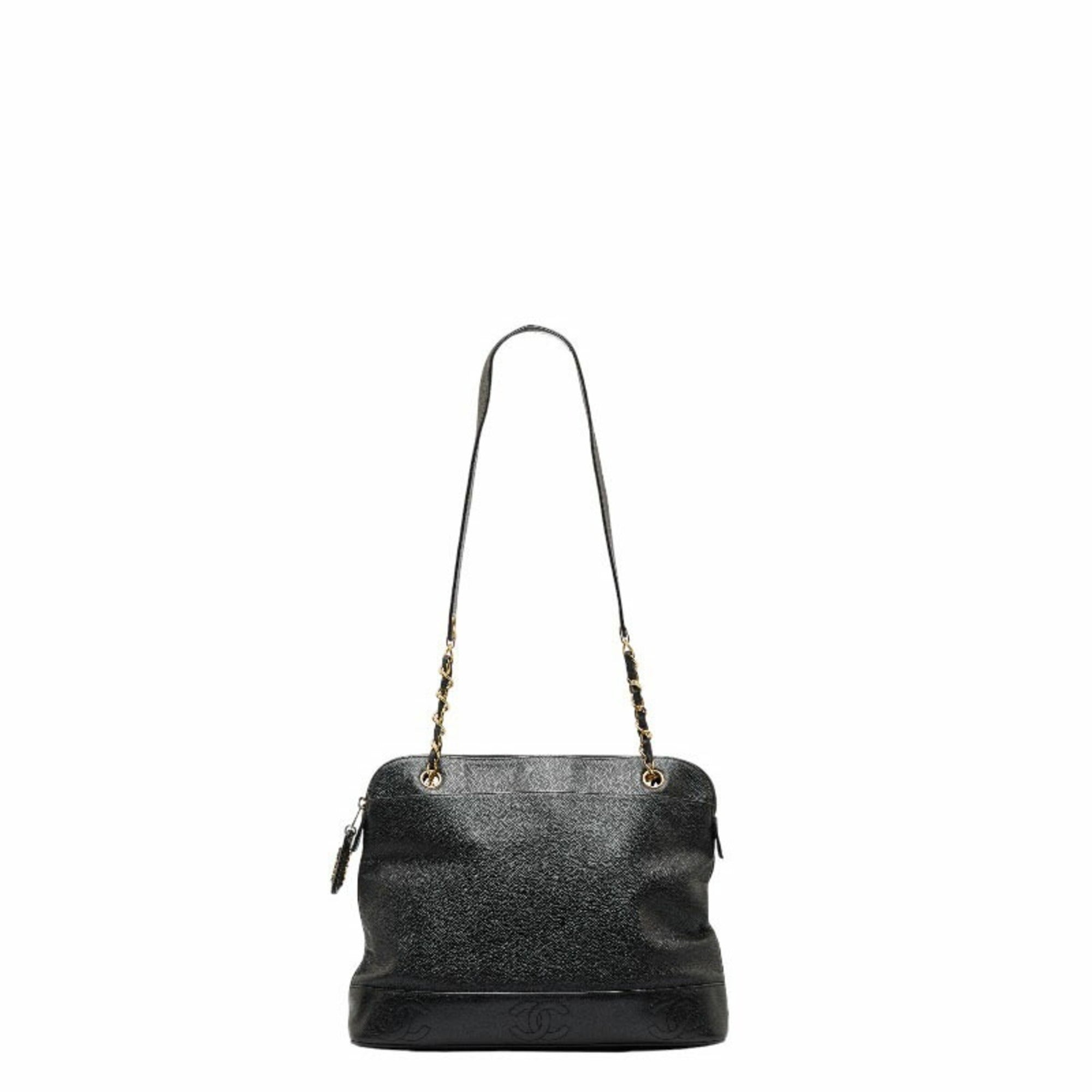 CHANEL Triple Coco Mark Chain Shoulder Bag Black Caviar Skin Women's