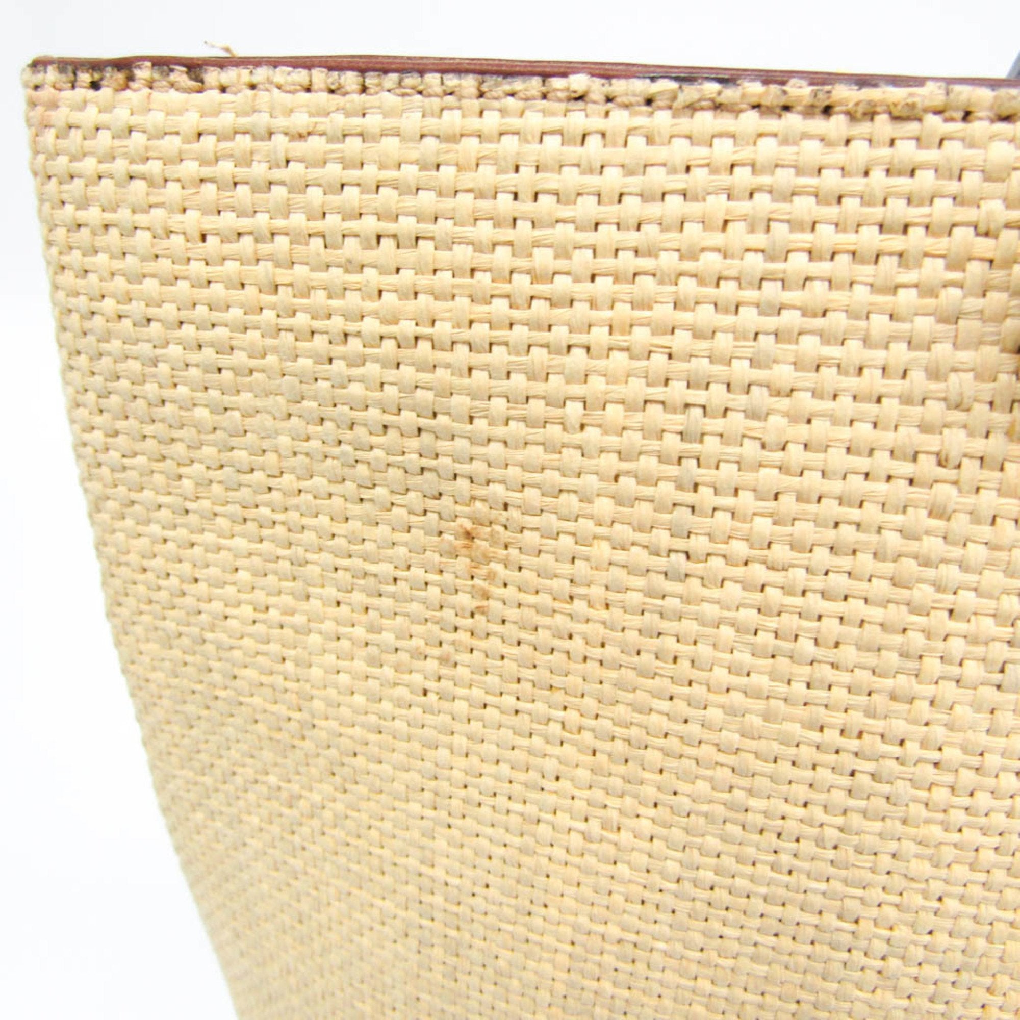 CHANEL Coco Mark Women's Straw,Leather Tote Bag Beige,Dark Brown