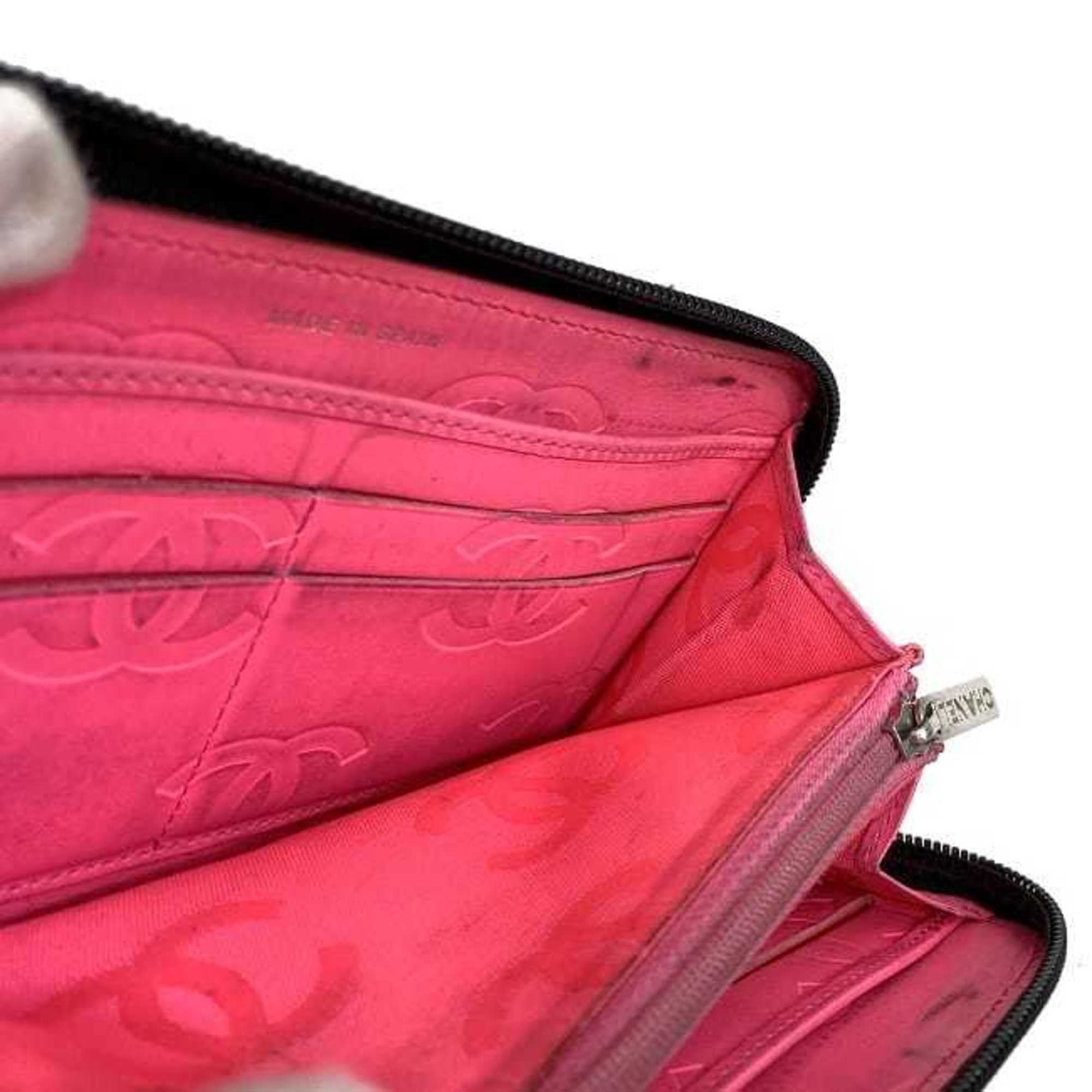 CHANEL Round Long Wallet Black Pink Silver Cambon A50078 Cocomark Leather Lambskin 16th  Purse Women's