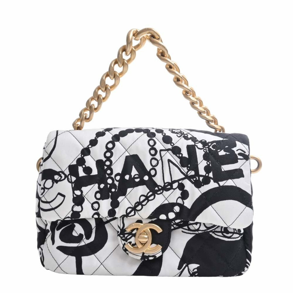 CHANEL Canvas Coco Mark Chain Handbag Black White Ladies
