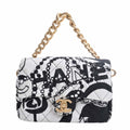 CHANEL Canvas Coco Mark Chain Handbag Black White Ladies