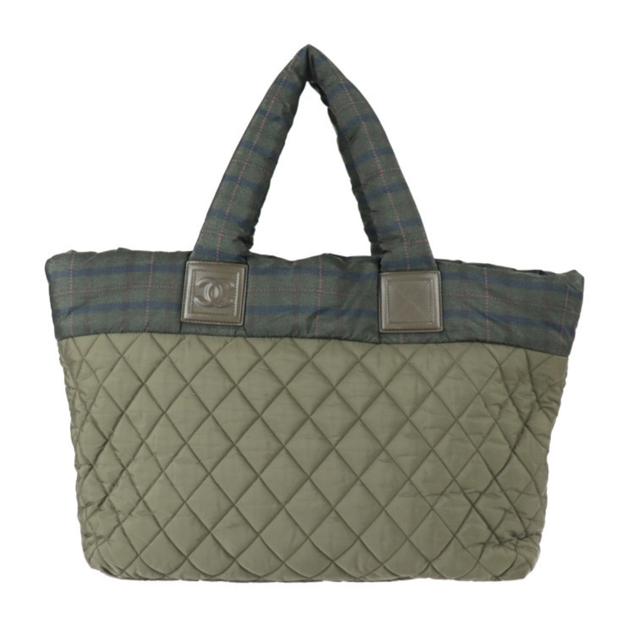 CHANEL Coco Coon Tote GM Bag A48611 Nylon Leather Olive Green Silver Hardware Handbag 18 Series