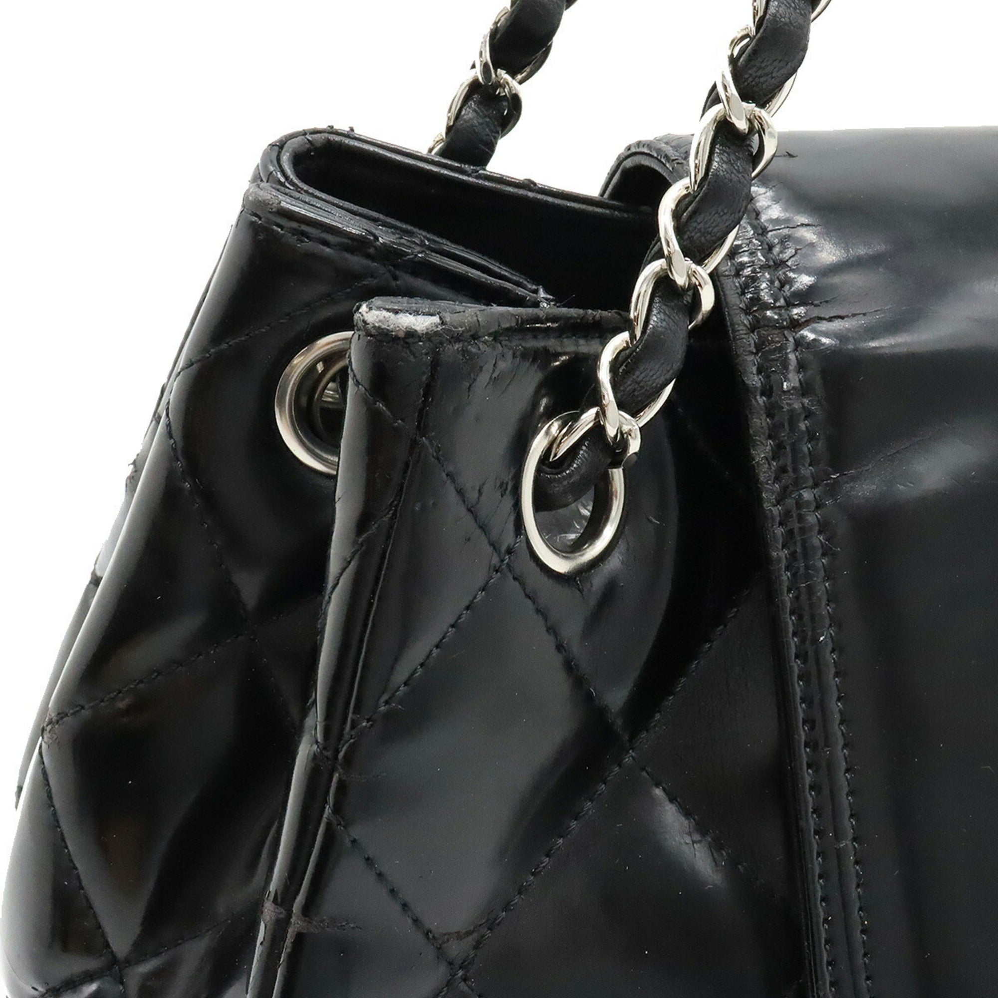CHANEL 2.55 Matelasse W Chain Bag Shoulder Patent Leather Black