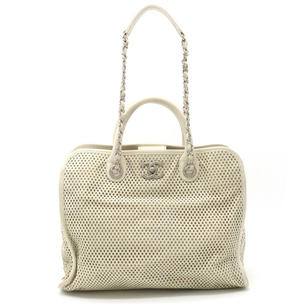 CHANEL Coco Mark Perforated Mesh Handbag Tote Bag Shoulder Chain Leather Ivory