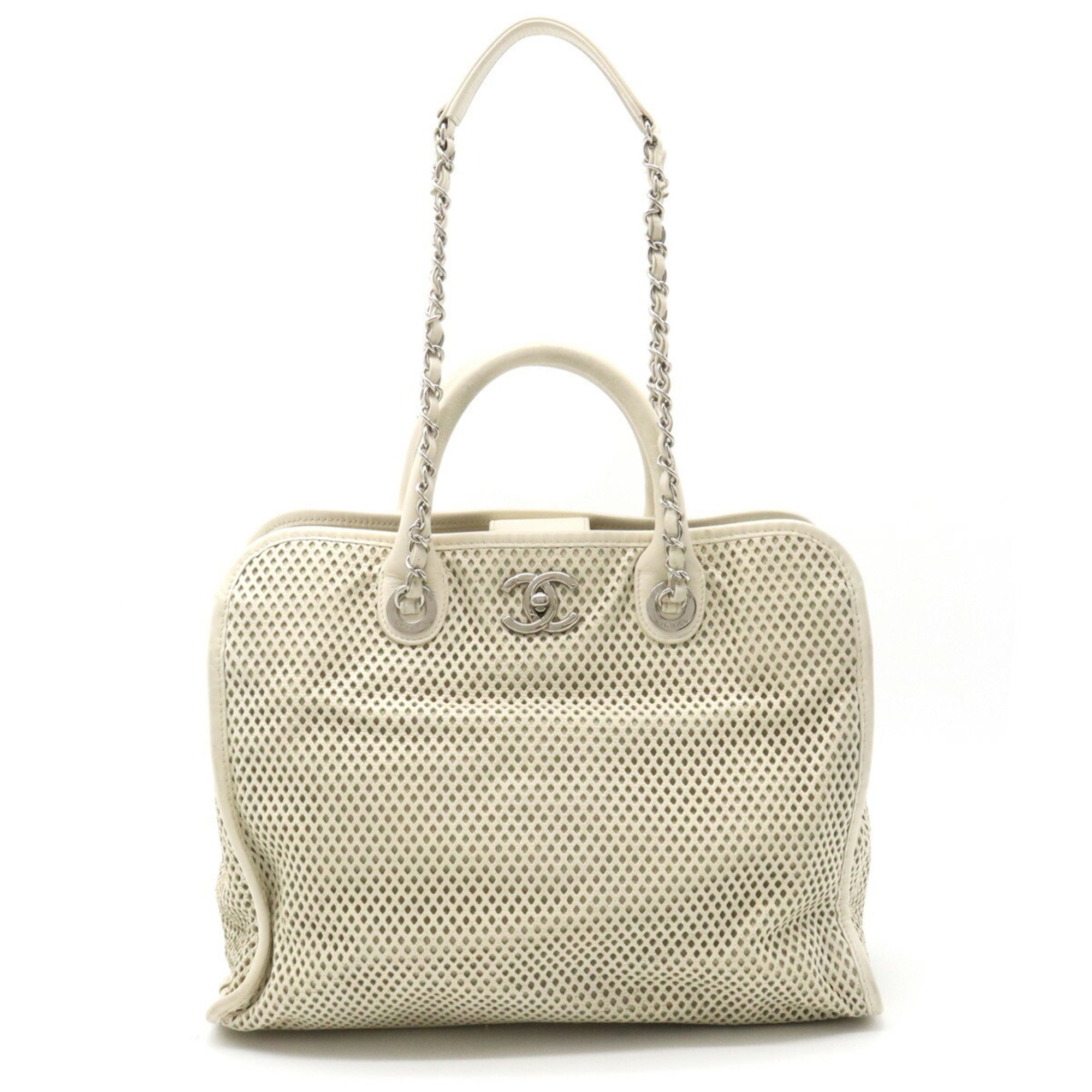 CHANEL Coco Mark Perforated Mesh Handbag Tote Bag Shoulder Chain Leather Ivory