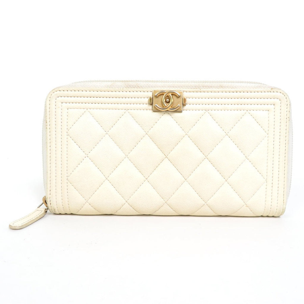 CHANEL Round Zipper Long Wallet Boy Caviar Skin Leather Off-White Gold Women's e55885i