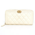 CHANEL Round Zipper Long Wallet Boy Caviar Skin Leather Off-White Gold Women's e55885i