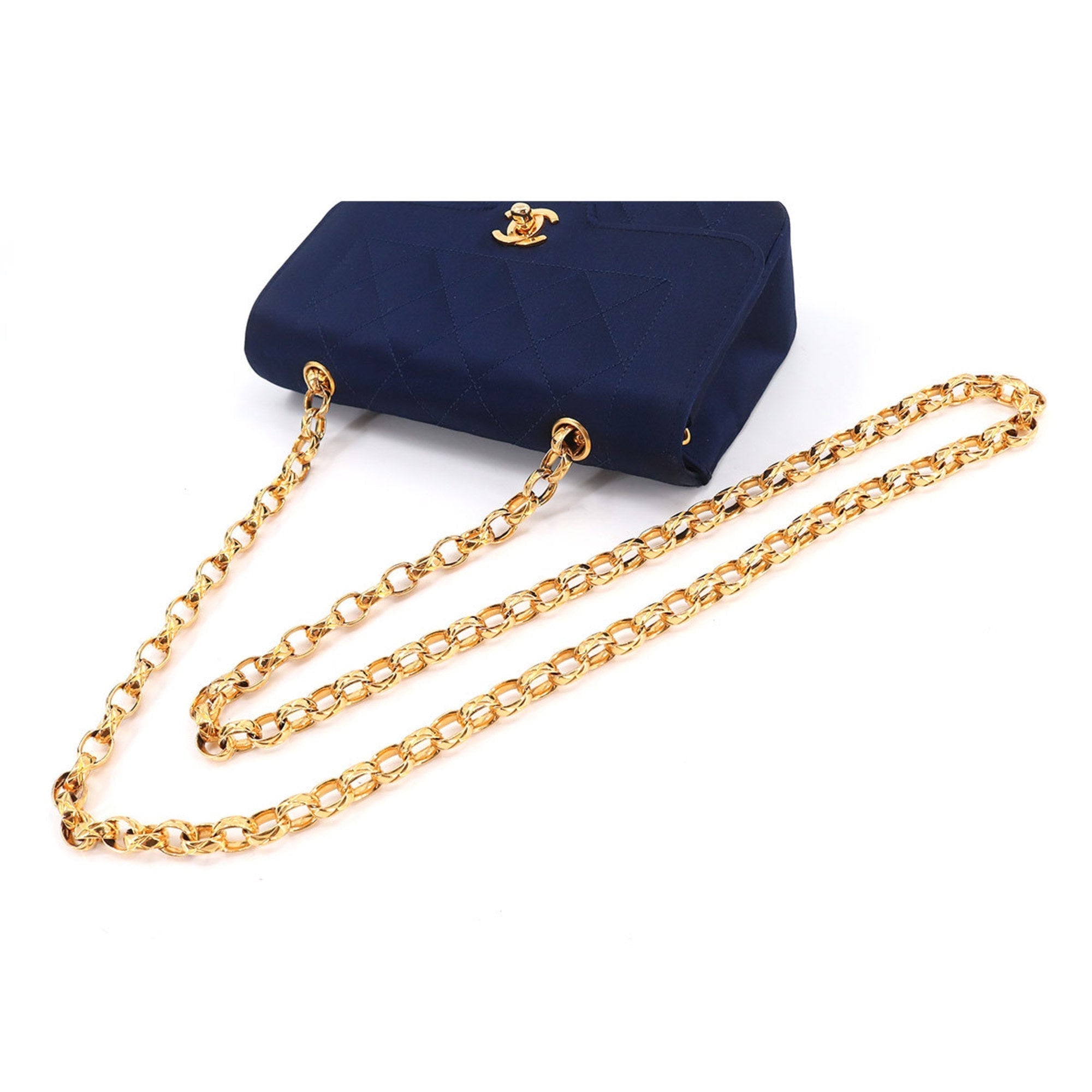 CHANEL Matelasse Bijou Chain Shoulder Bag Satin Navy Gold Hardware Vintage