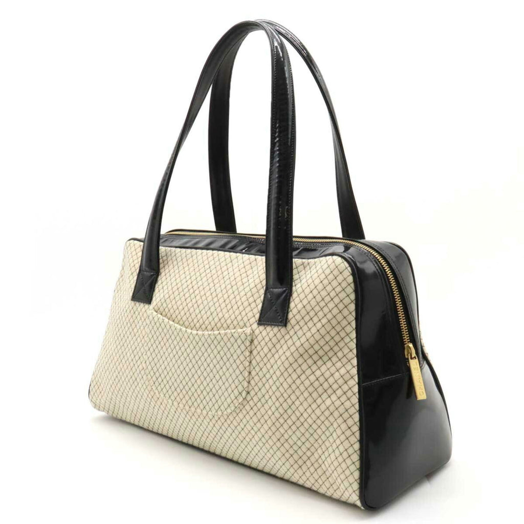 CHANEL Cocomark Quilted Bowling Bag Boston Shoulder Patent Leather Cotton Beige Black