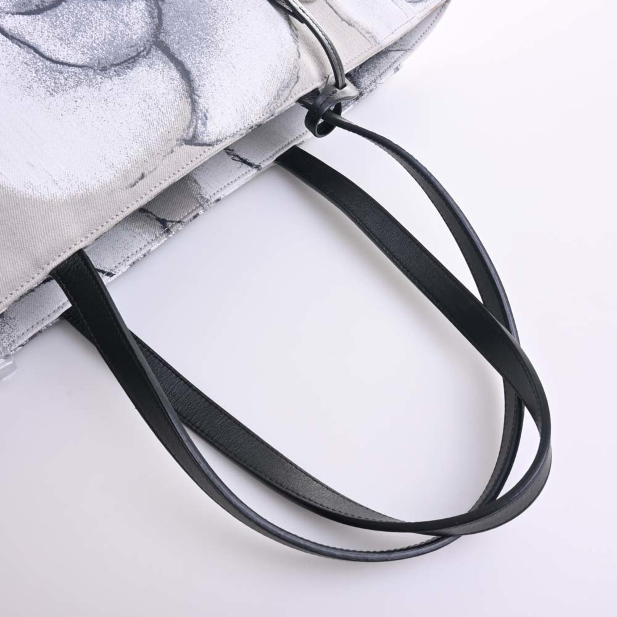 CHANEL Canvas Camellia Tote Bag Black/Gray/White Women's