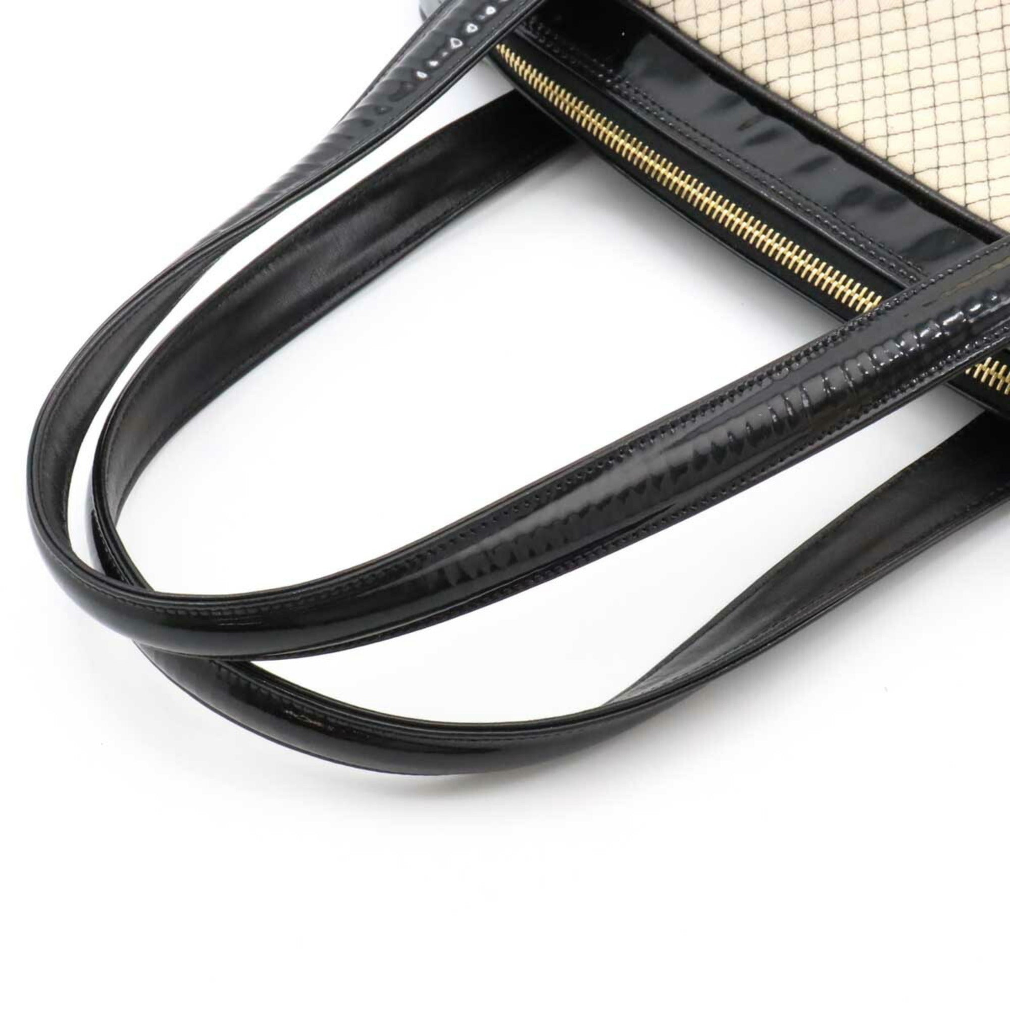 CHANEL Cocomark Quilted Bowling Bag Boston Shoulder Patent Leather Cotton Beige Black