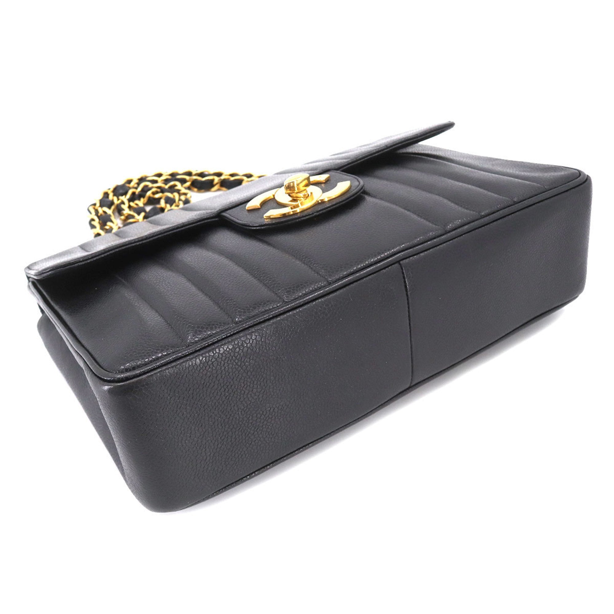 CHANEL Mademoiselle Chain Shoulder Bag Caviar Skin Black Coco Mark Gold Hardware Vintage