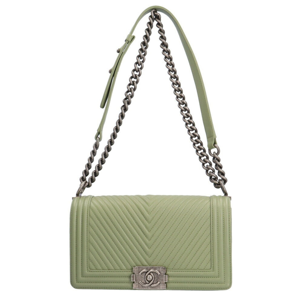 CHANEL Boy  V Stitch Shoulder Bag Lambskin Green Women's