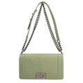 CHANEL Boy  V Stitch Shoulder Bag Lambskin Green Women's