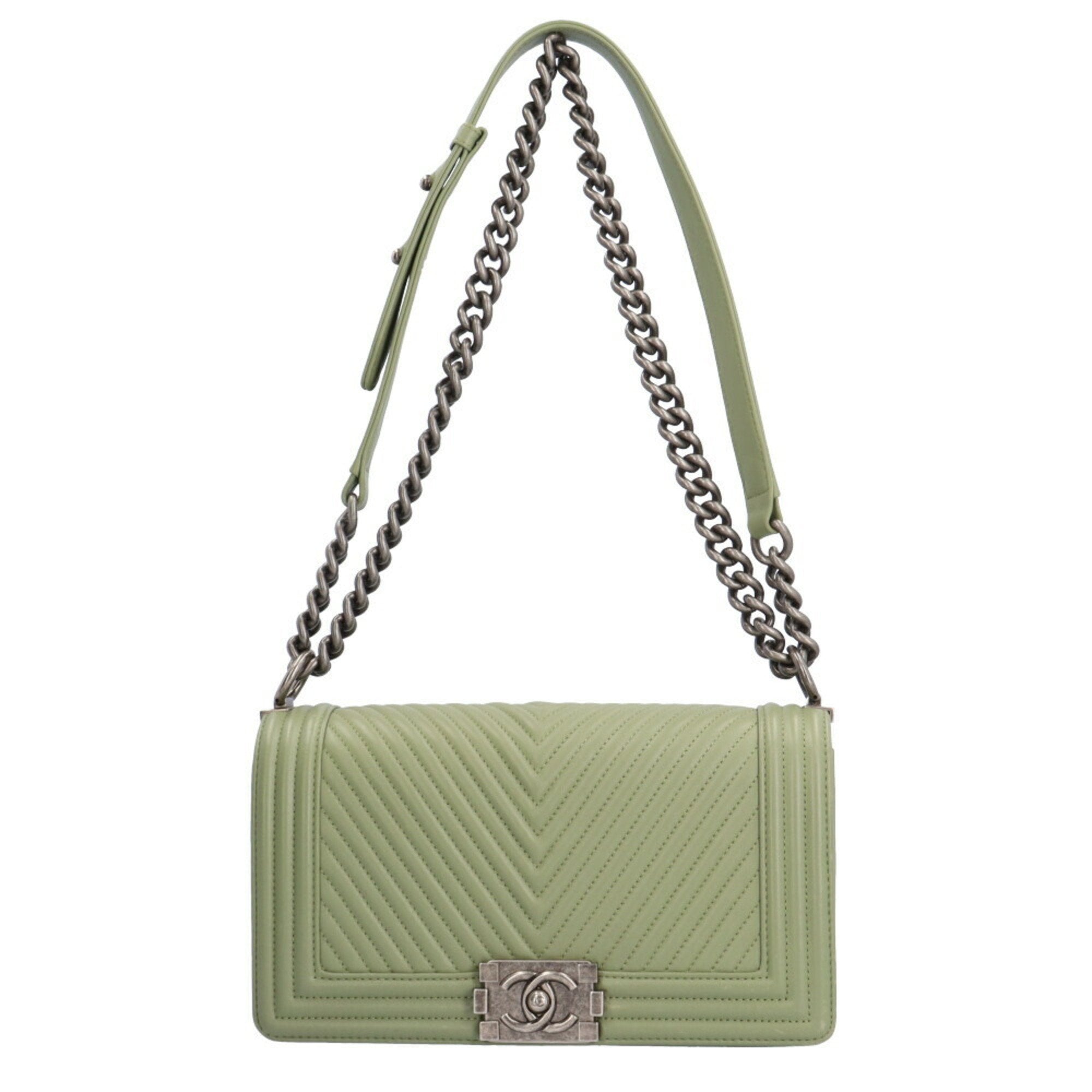 CHANEL Boy  V Stitch Shoulder Bag Lambskin Green Women's