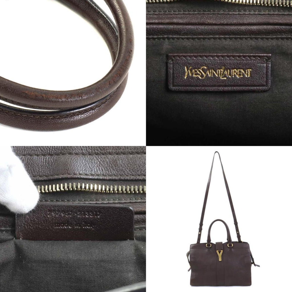 YVES SAINT LAURENT Handbag Shoulder Bag Y Line Cabas Leather Dark Brown Gold Women's e56055f