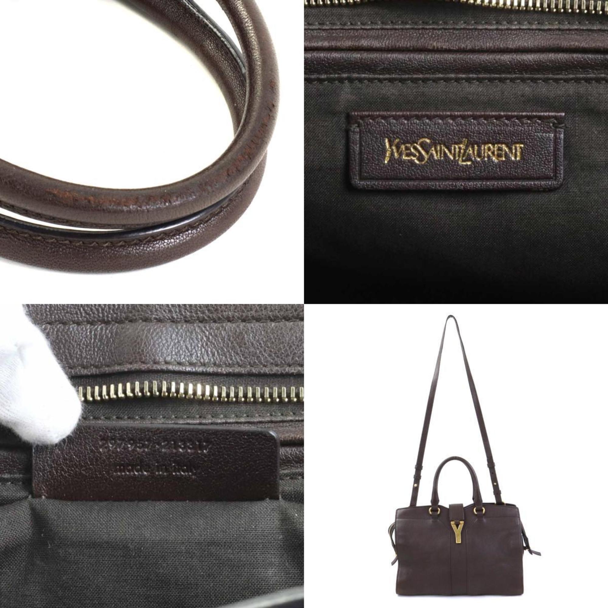 YVES SAINT LAURENT Handbag Shoulder Bag Y Line Cabas Leather Dark Brown Gold Women's e56055f