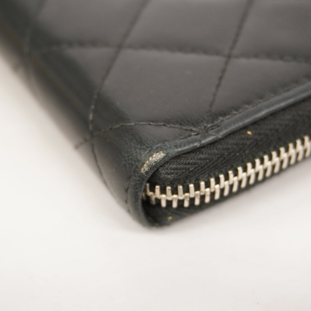 CHANELAuth  Matelasse Long Wallet Silver Metal Fittings Women's Lambskin Black