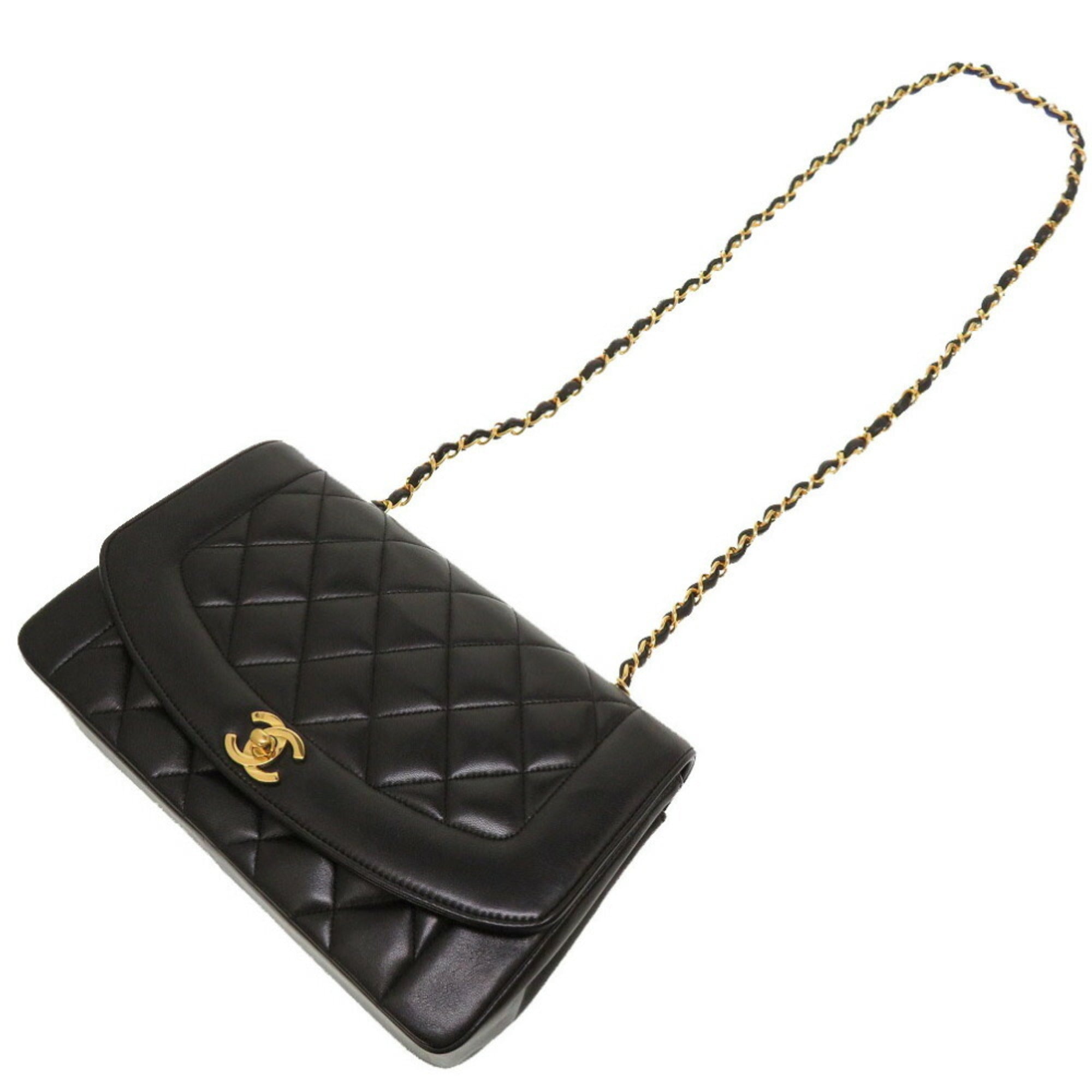 CHANEL Diana 25 Matelasse No. 4 Lambskin Black Gold Chain Shoulder Bag Coco Mark