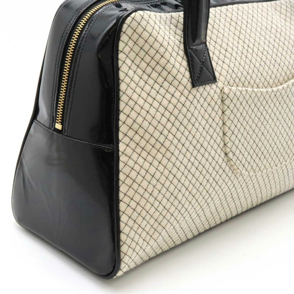 CHANEL Cocomark Quilted Bowling Bag Boston Shoulder Patent Leather Cotton Beige Black