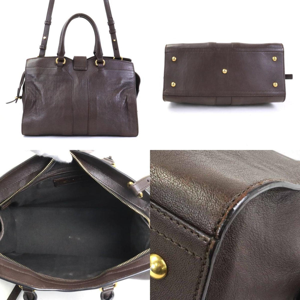 YVES SAINT LAURENT Handbag Shoulder Bag Y Line Cabas Leather Dark Brown Gold Women's e56055f