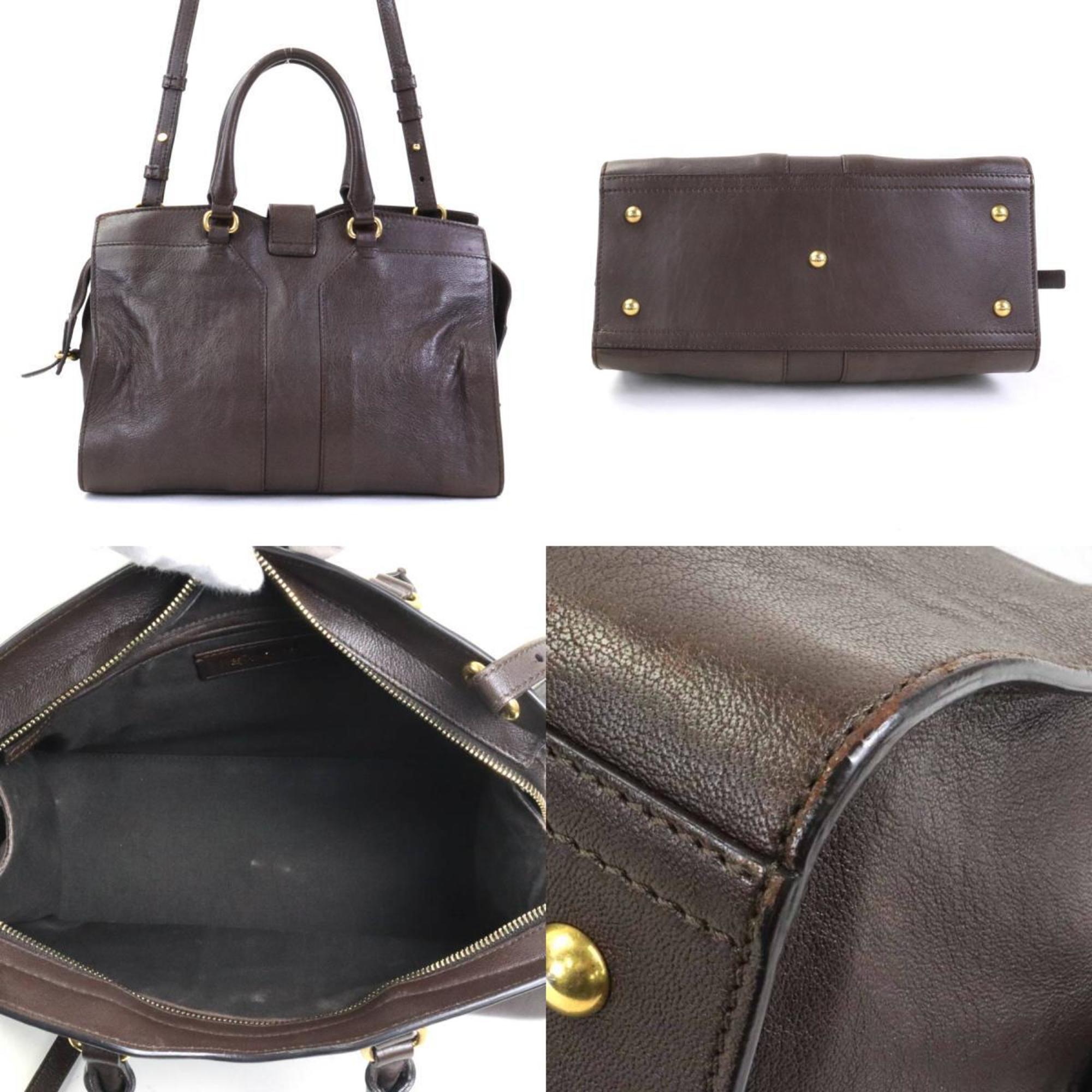YVES SAINT LAURENT Handbag Shoulder Bag Y Line Cabas Leather Dark Brown Gold Women's e56055f