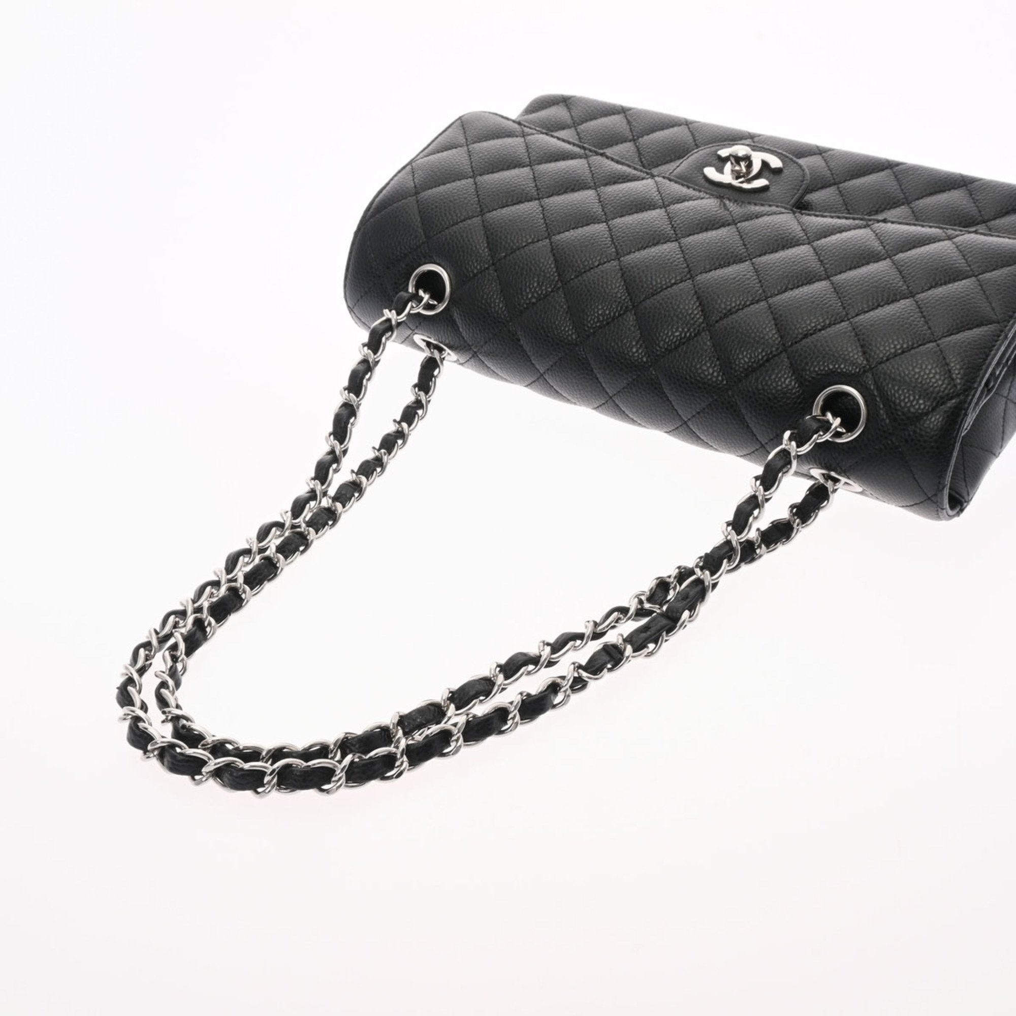 CHANEL matelasse W flap chain shoulder 25cm black A01112 ladies caviar skin bag