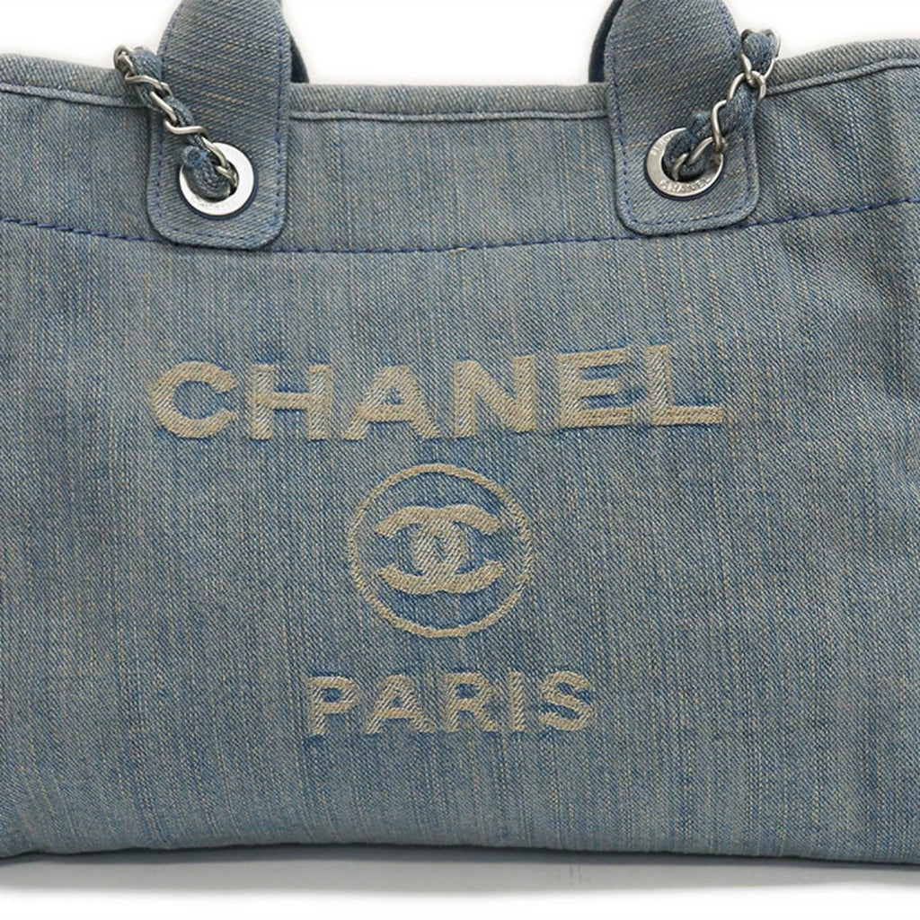 CHANEL Denim Shopping Bag Tote Light Blue Deauville Women's