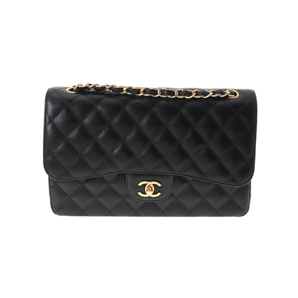 CHANEL matelasse chain shoulder W flap 30cm black ladies caviar skin bag