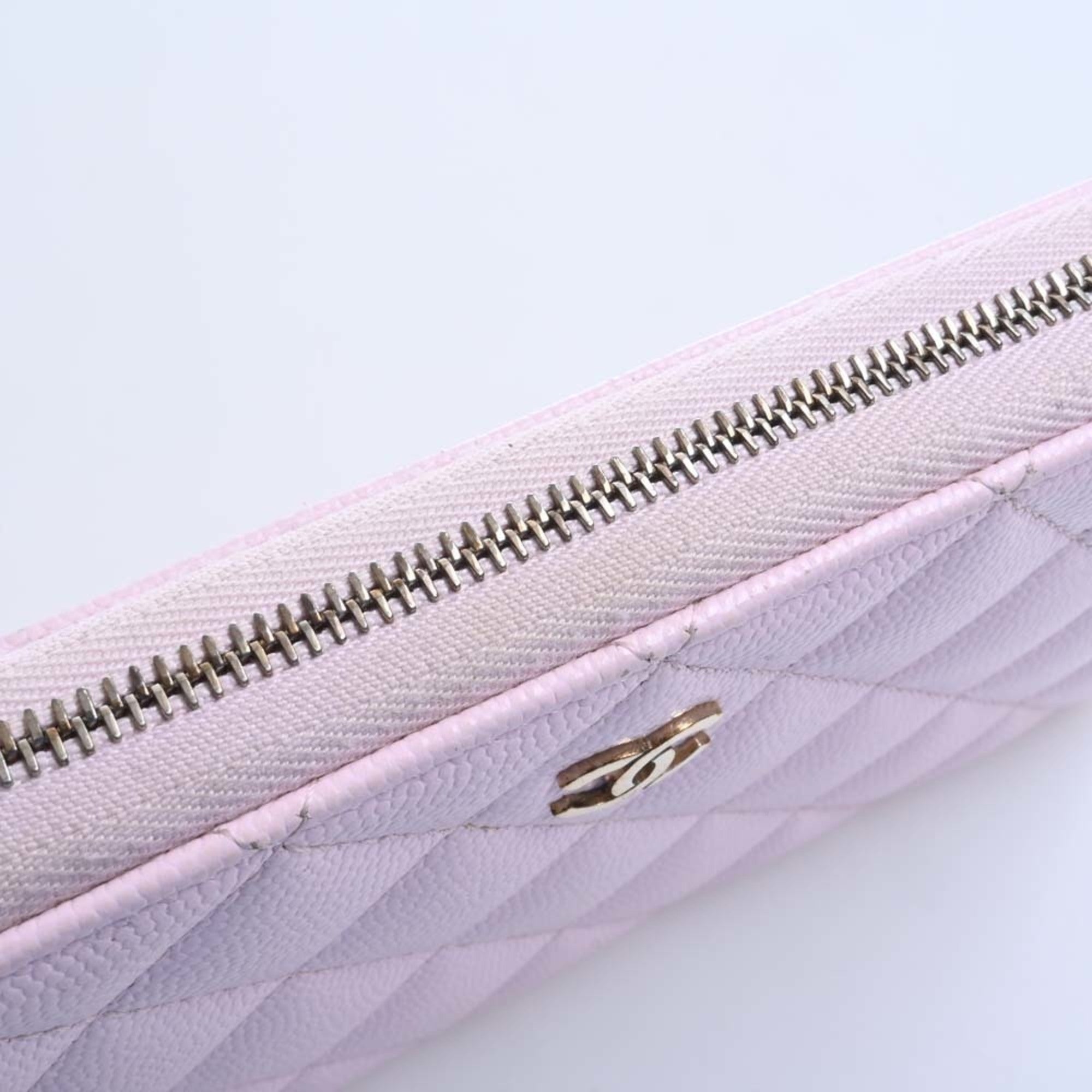 CHANEL Caviar Skin Matelasse Coco Mark Round Long Wallet Pink Ladies