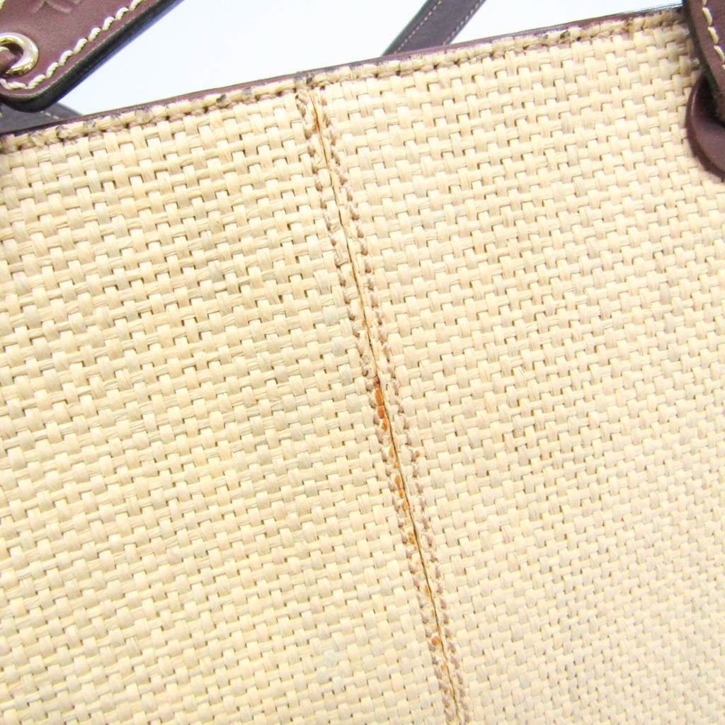 CHANEL Coco Mark Women's Straw,Leather Tote Bag Beige,Dark Brown