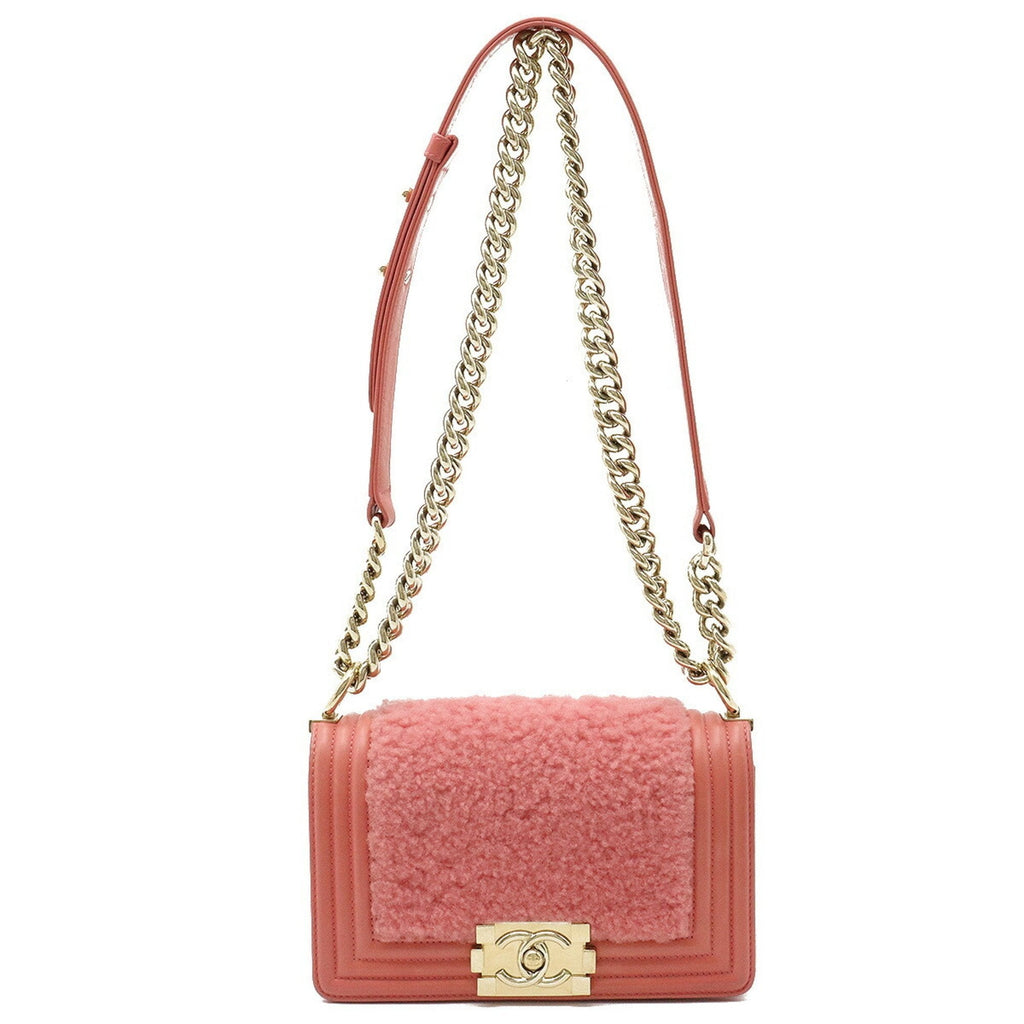 CHANEL Boy Boa Chain Bag Shoulder Clutch Mouton Leather Coral Pink