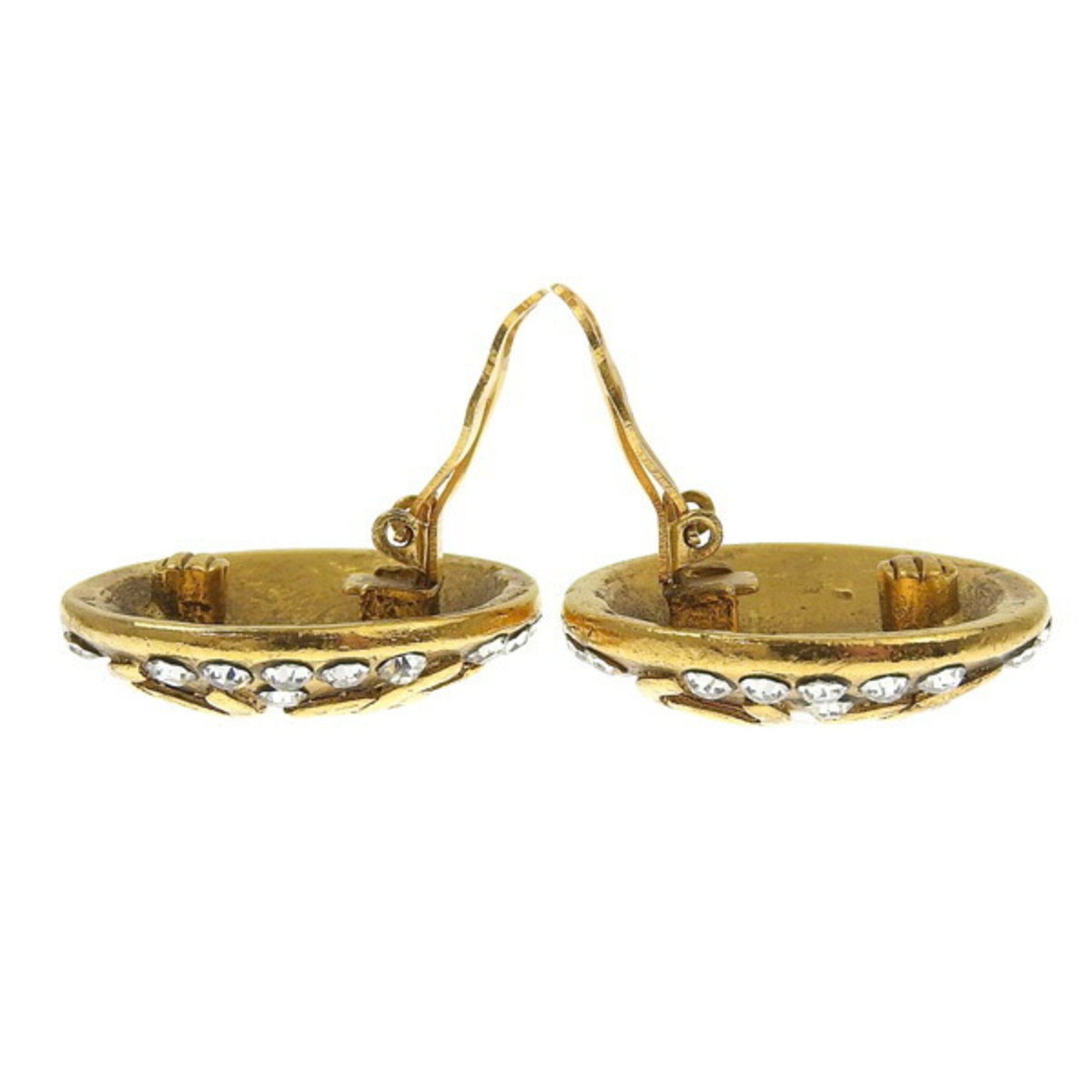 CHANEL Rhinestone Coco Mark Round Earrings Gold Women's