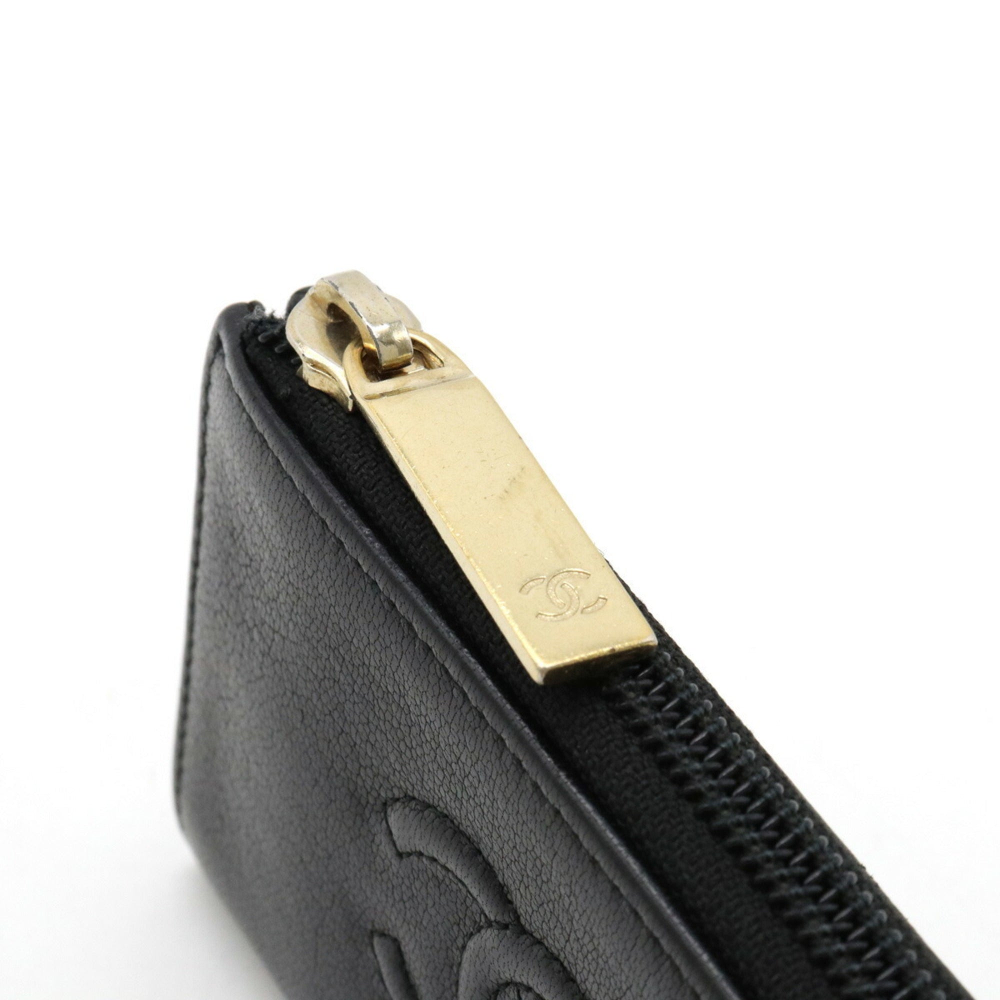 CHANEL Cocomark Coin Case Purse L-shaped Leather Black A68885
