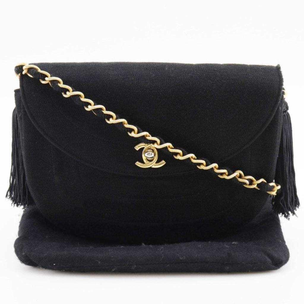 CHANEL Chain Shoulder Bag Coco Mark Tassel Vintage Cotton France Black/Gold Hardware Crossbody Turn Lock ChainShoulder Women's