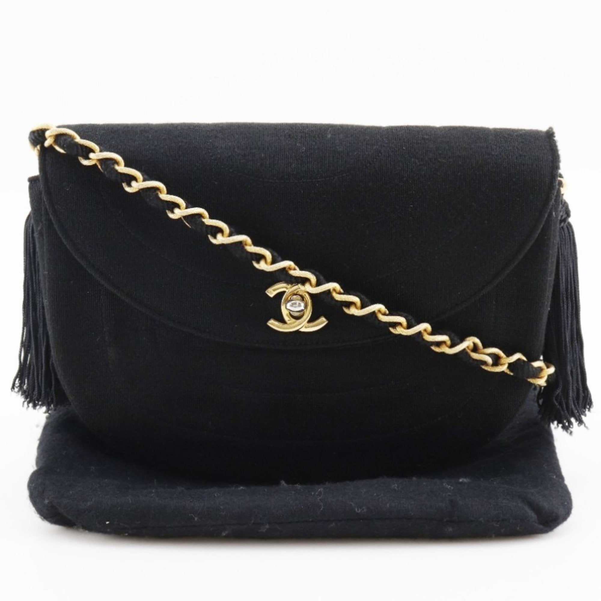 CHANEL Chain Shoulder Bag Coco Mark Tassel Vintage Cotton France Black/Gold Hardware Crossbody Turn Lock ChainShoulder Women's