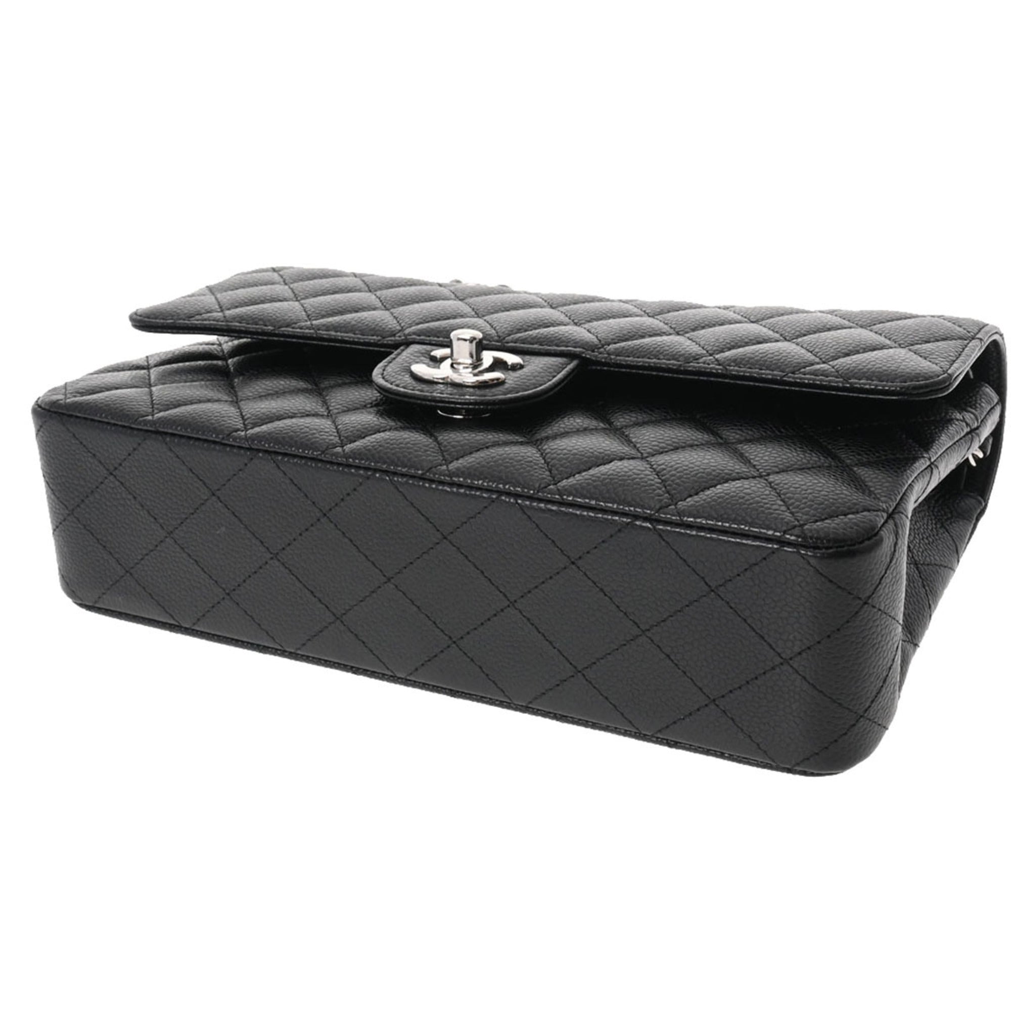 CHANEL Matelasse Chain Shoulder 25cm W Flap Black Ladies Caviar Skin Bag