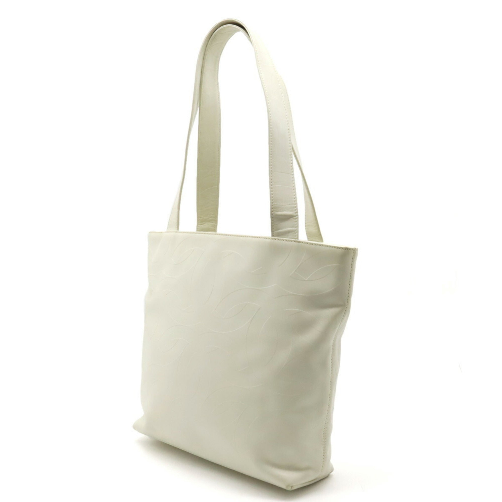 CHANEL here mark embossed tote bag shoulder leather ivory white