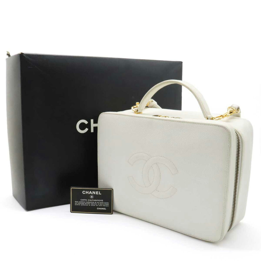 CHANEL Cocomark Handbag Vanity Bag Shoulder Caviar Skin Leather White A11265