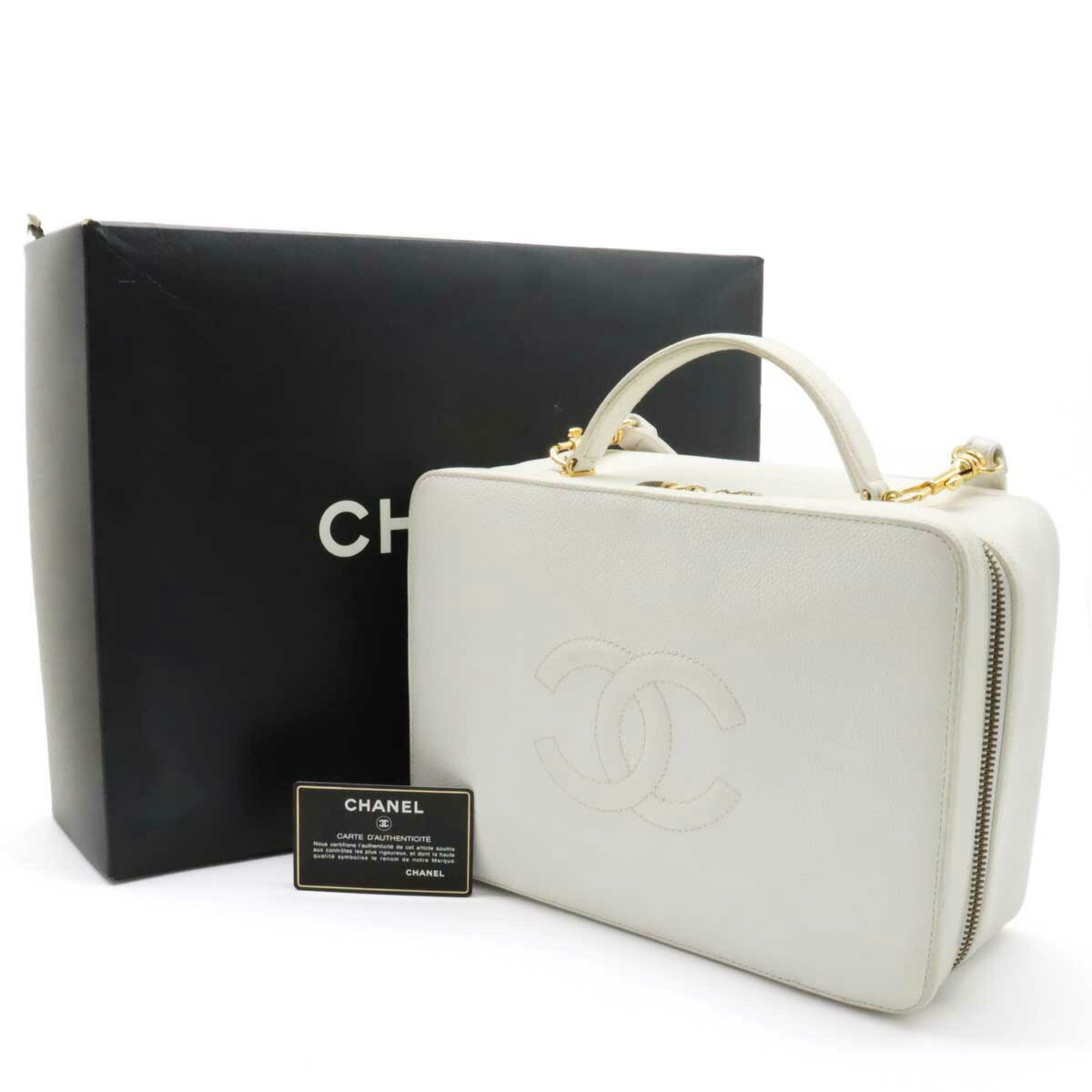 CHANEL Cocomark Handbag Vanity Bag Shoulder Caviar Skin Leather White A11265