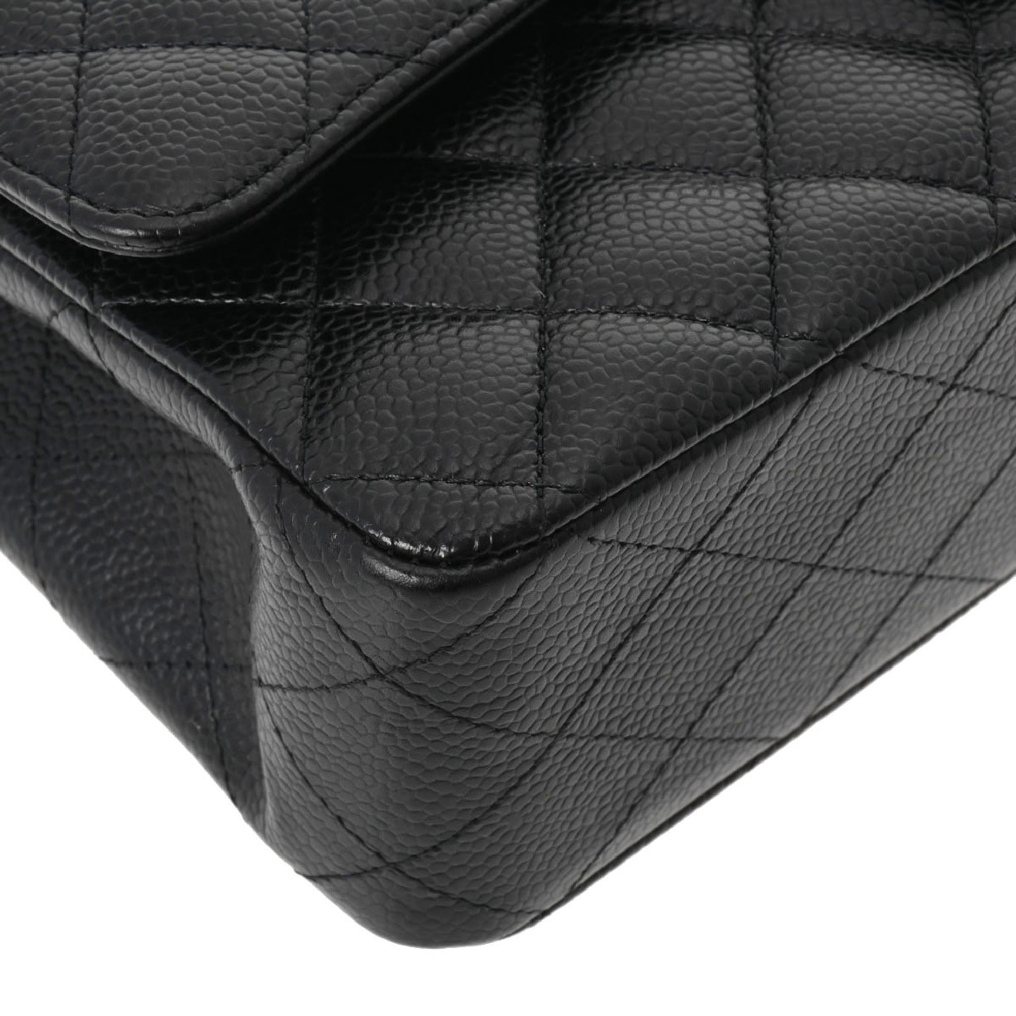CHANEL Matelasse Chain Shoulder 25cm W Flap Black Ladies Caviar Skin Bag