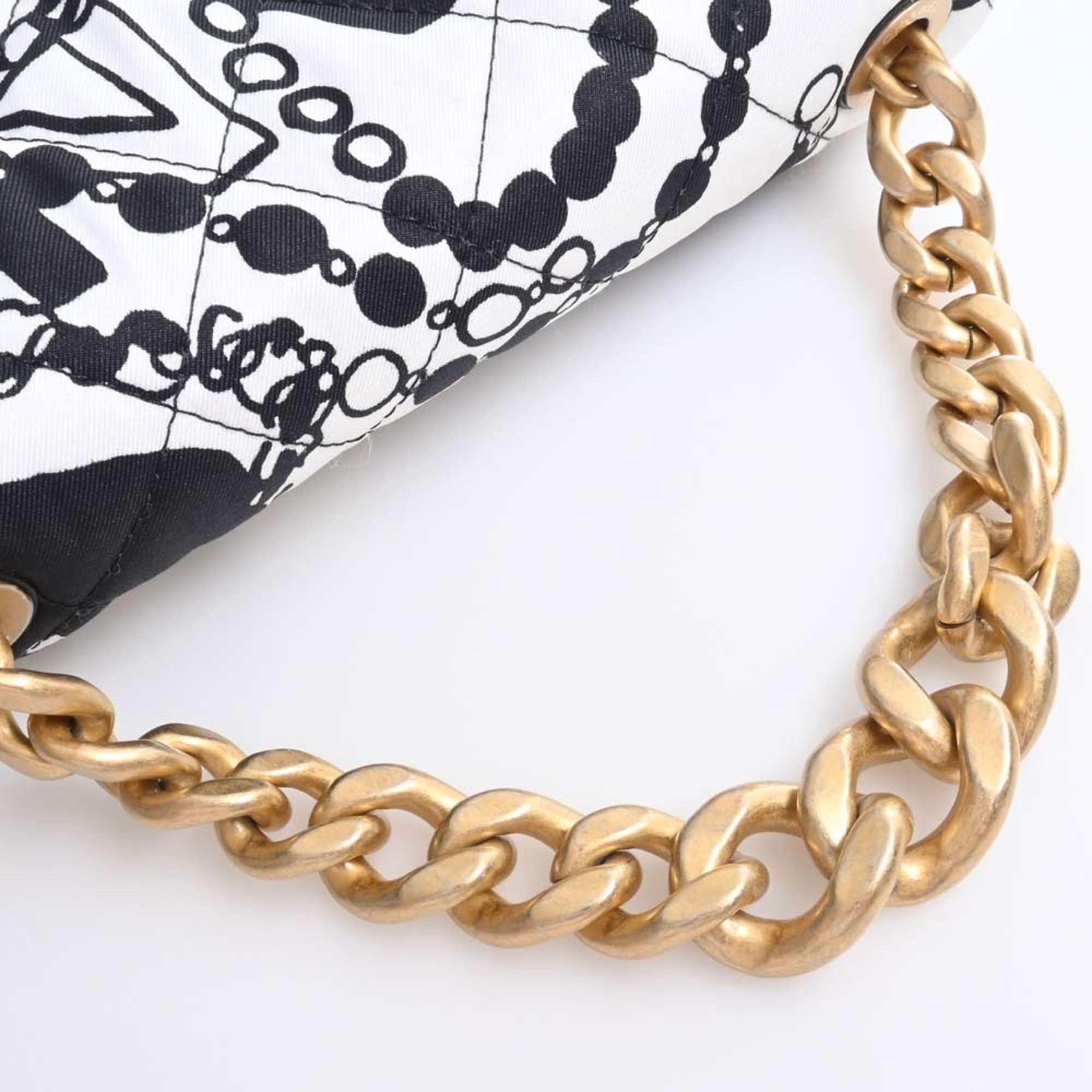 CHANEL Canvas Coco Mark Chain Handbag Black White Ladies