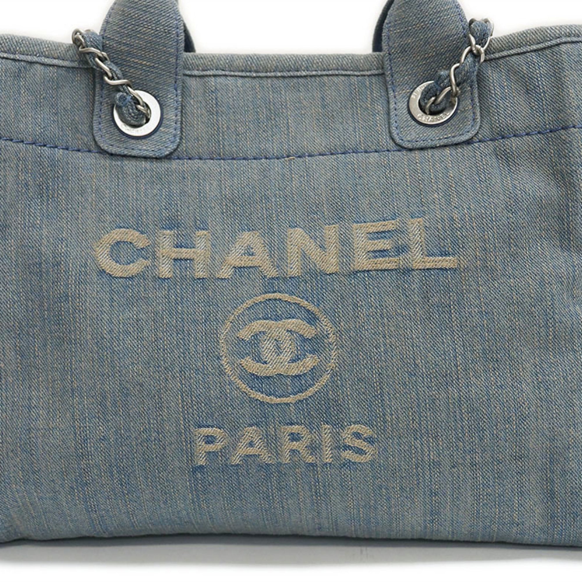 CHANEL Denim Shopping Bag Tote Light Blue Deauville Women's