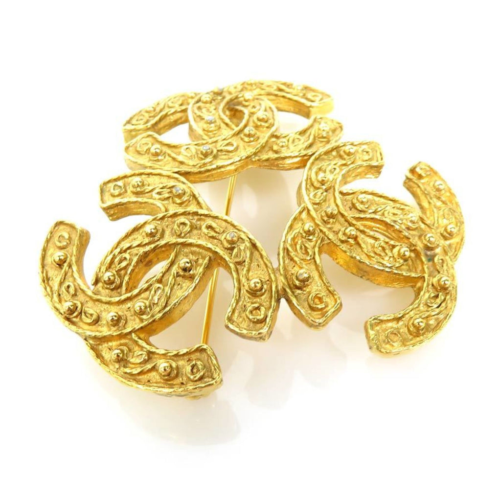 CHANEL brooch triple here mark metal gold ladies