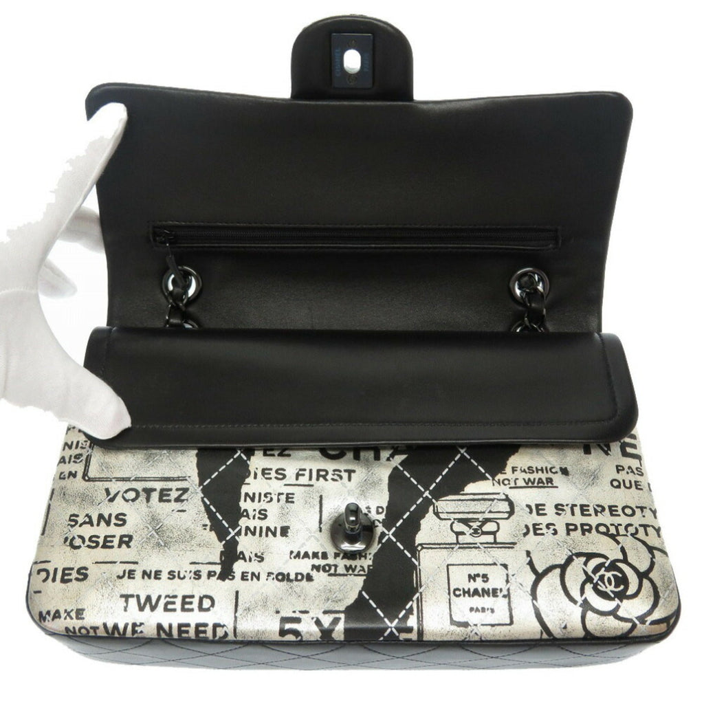 Chanel Matrasse Print Double Flap 2 Leather Silver Black Chain Shoulder Bag Coco Mark CC Lid