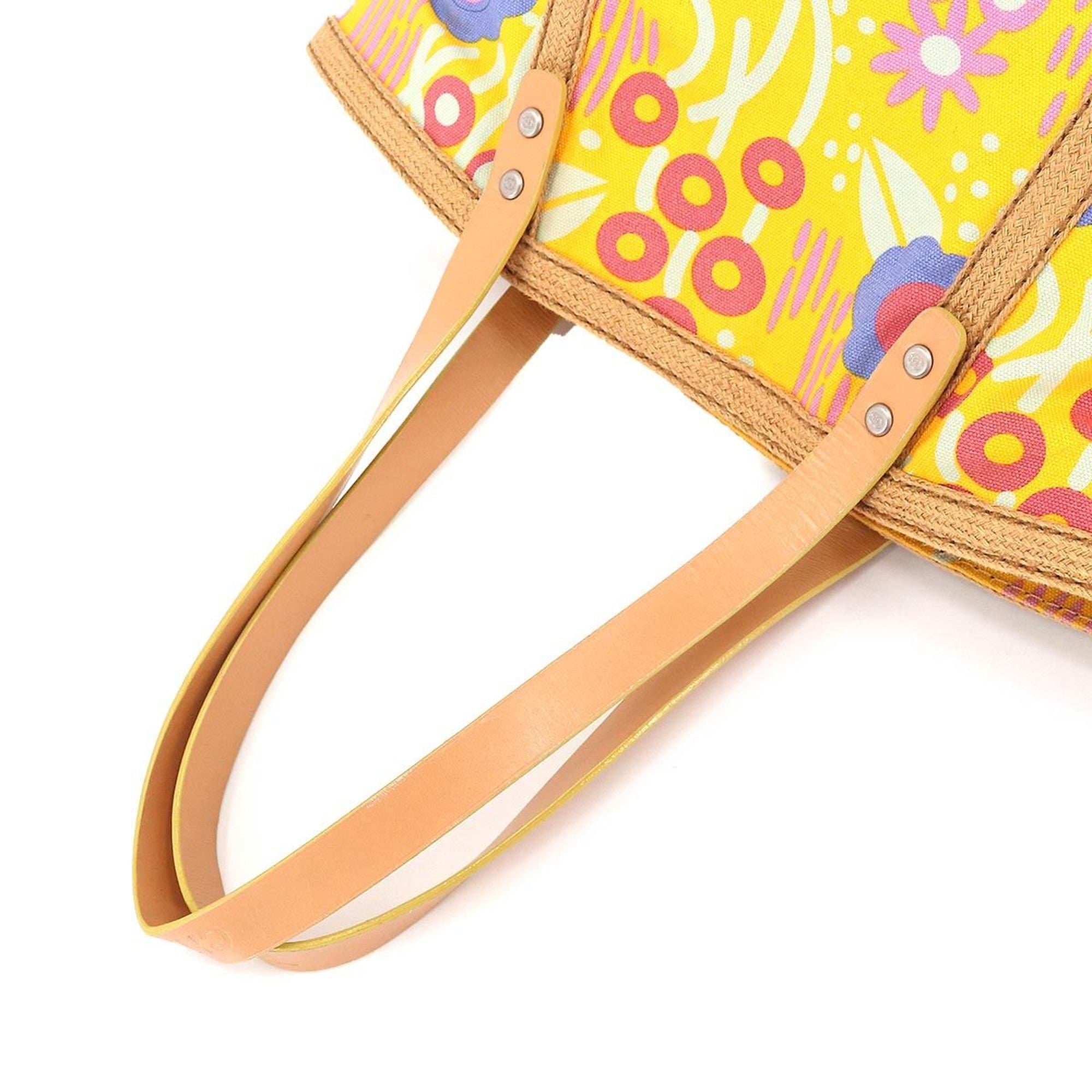 CHANEL high summer flower print tote bag canvas leather yellow multicolor A22078 silver metal fittings Deauville MM