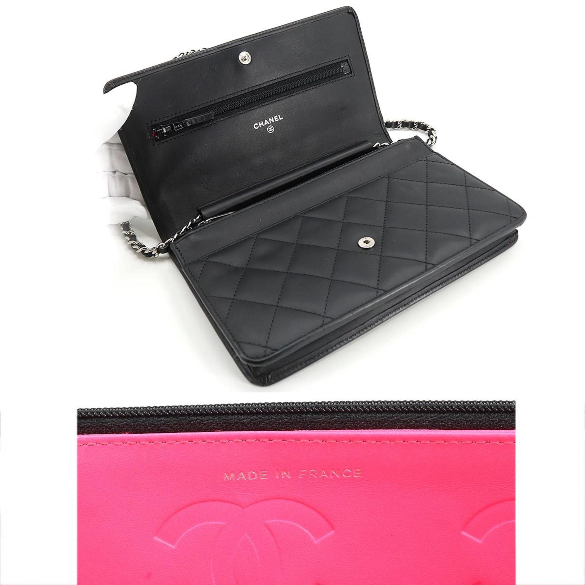 CHANEL cambon line chain wallet folio long leather enamel black silver metal fittings A46646 Cambon Line Chain Wallet