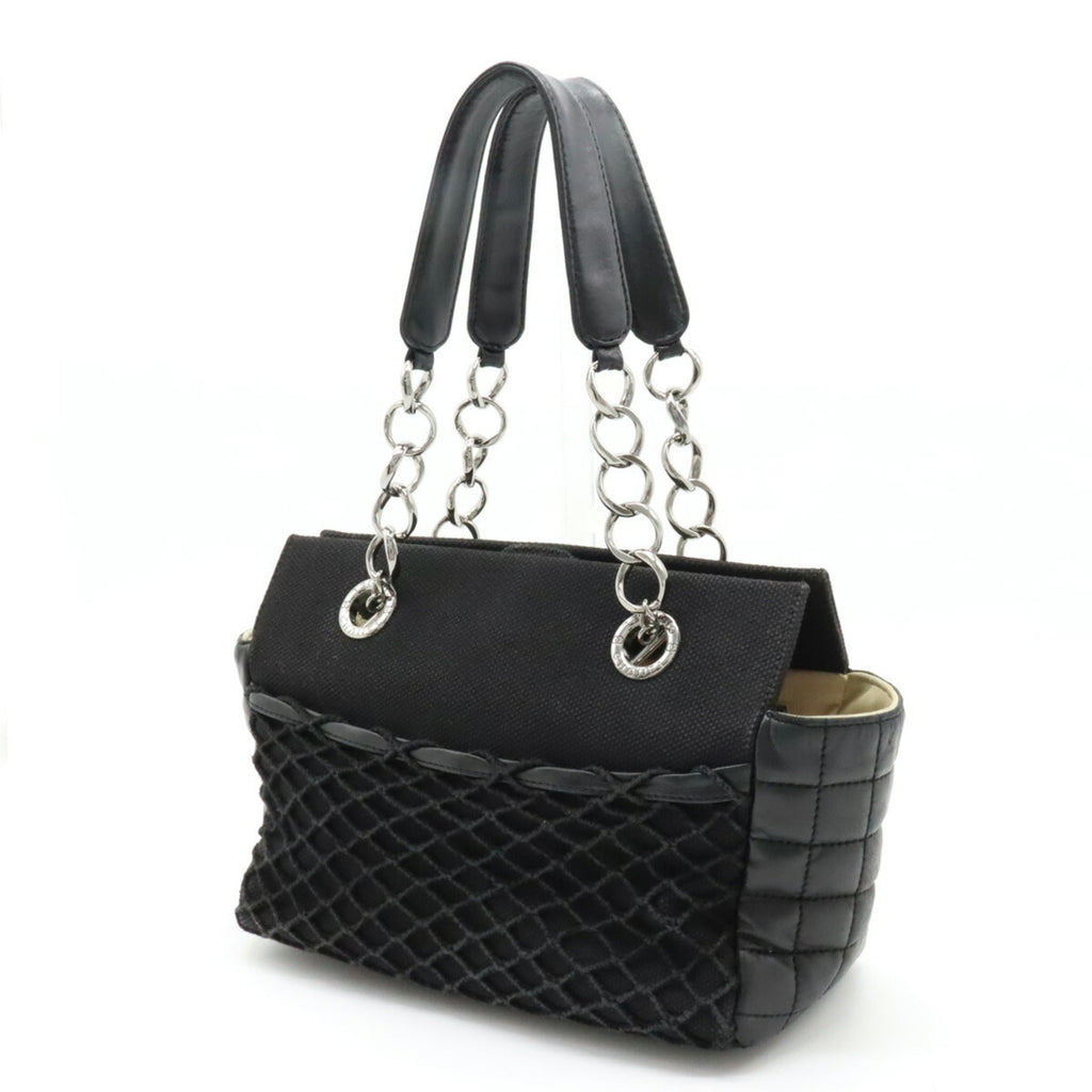 CHANEL Chocolate Bar Coco Mark Chain Shoulder Bag Tote Quilted Net Canvas Leather Black