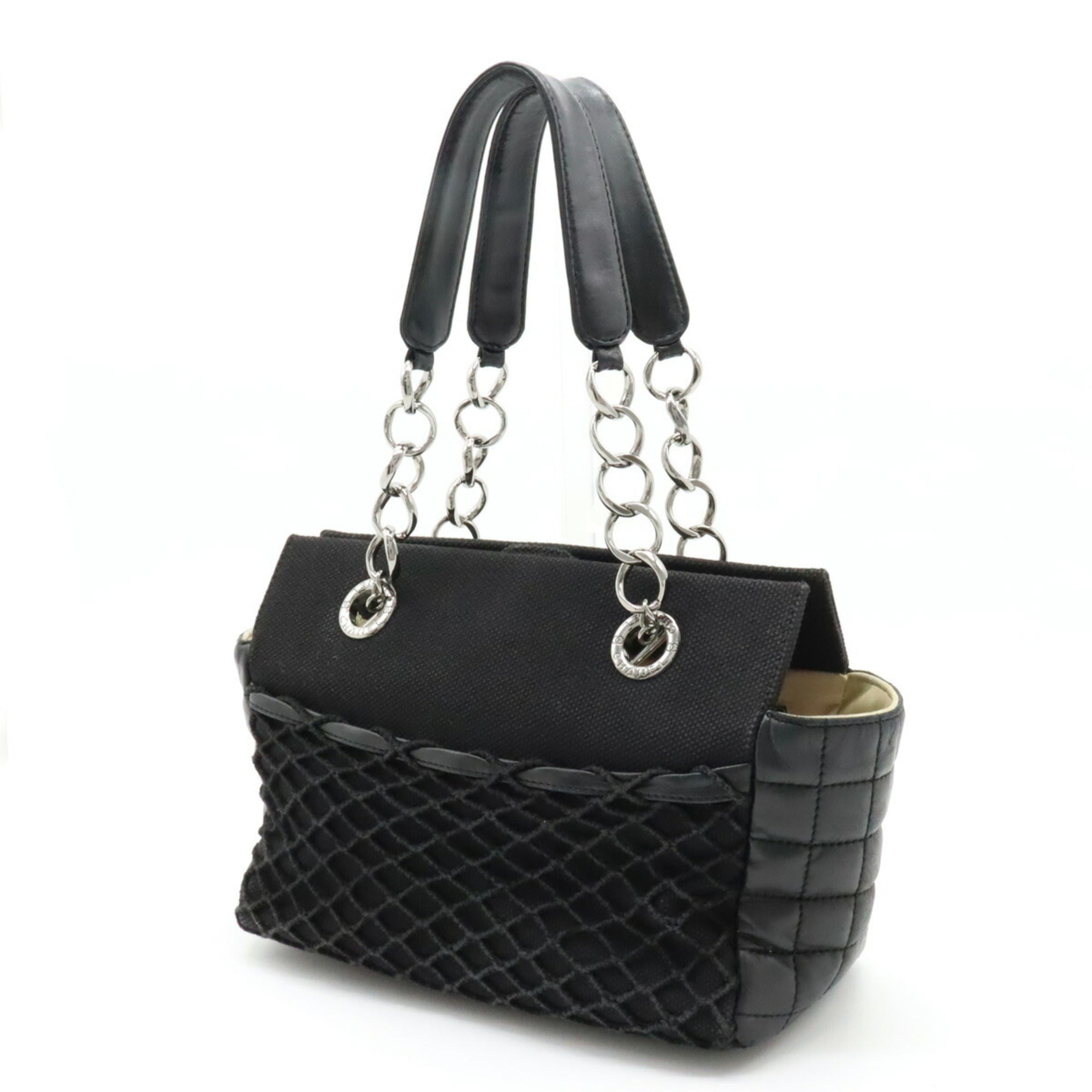 CHANEL Chocolate Bar Coco Mark Chain Shoulder Bag Tote Quilted Net Canvas Leather Black