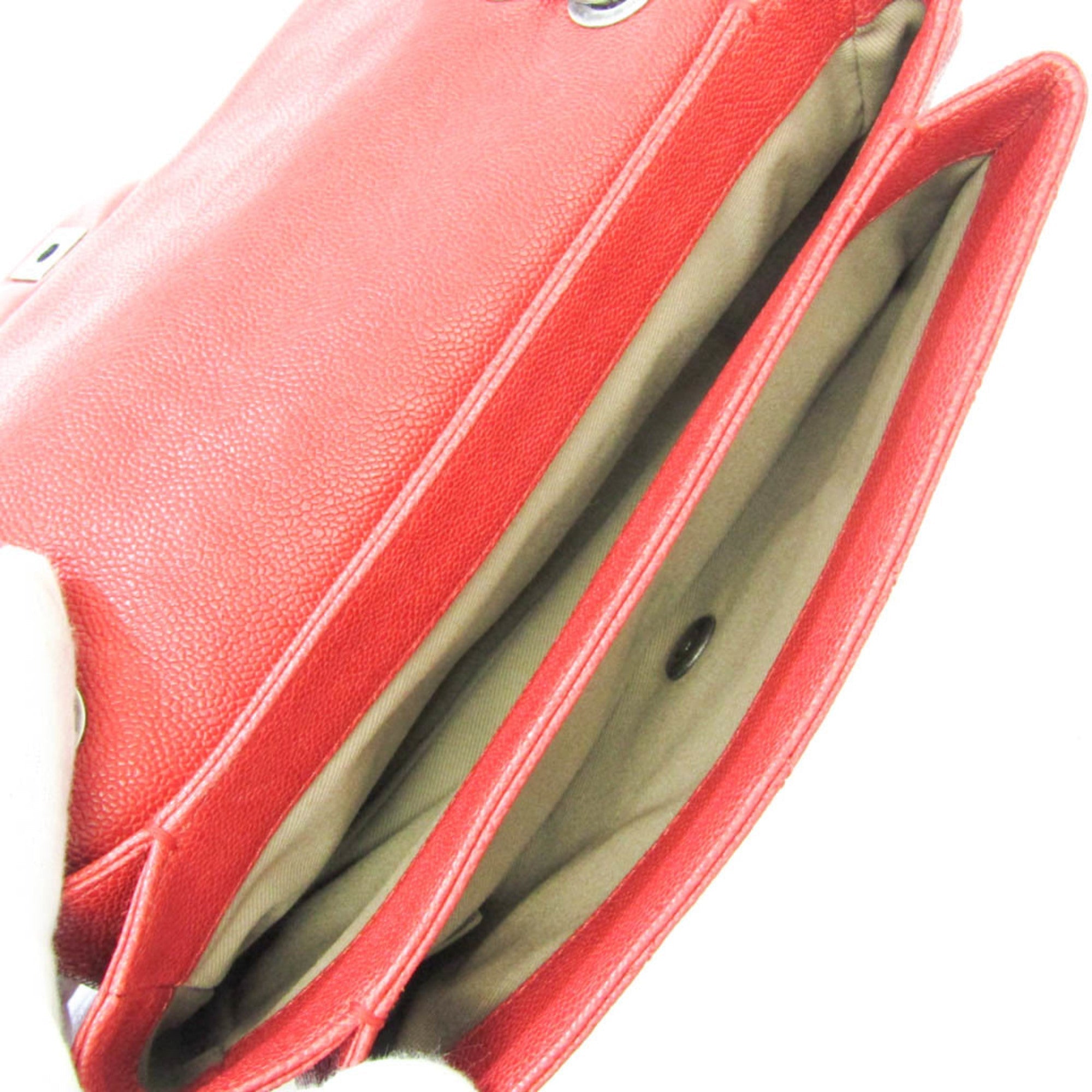 CHANEL Caviar Skin Matelasse Women's Leather Shoulder Bag Red Color